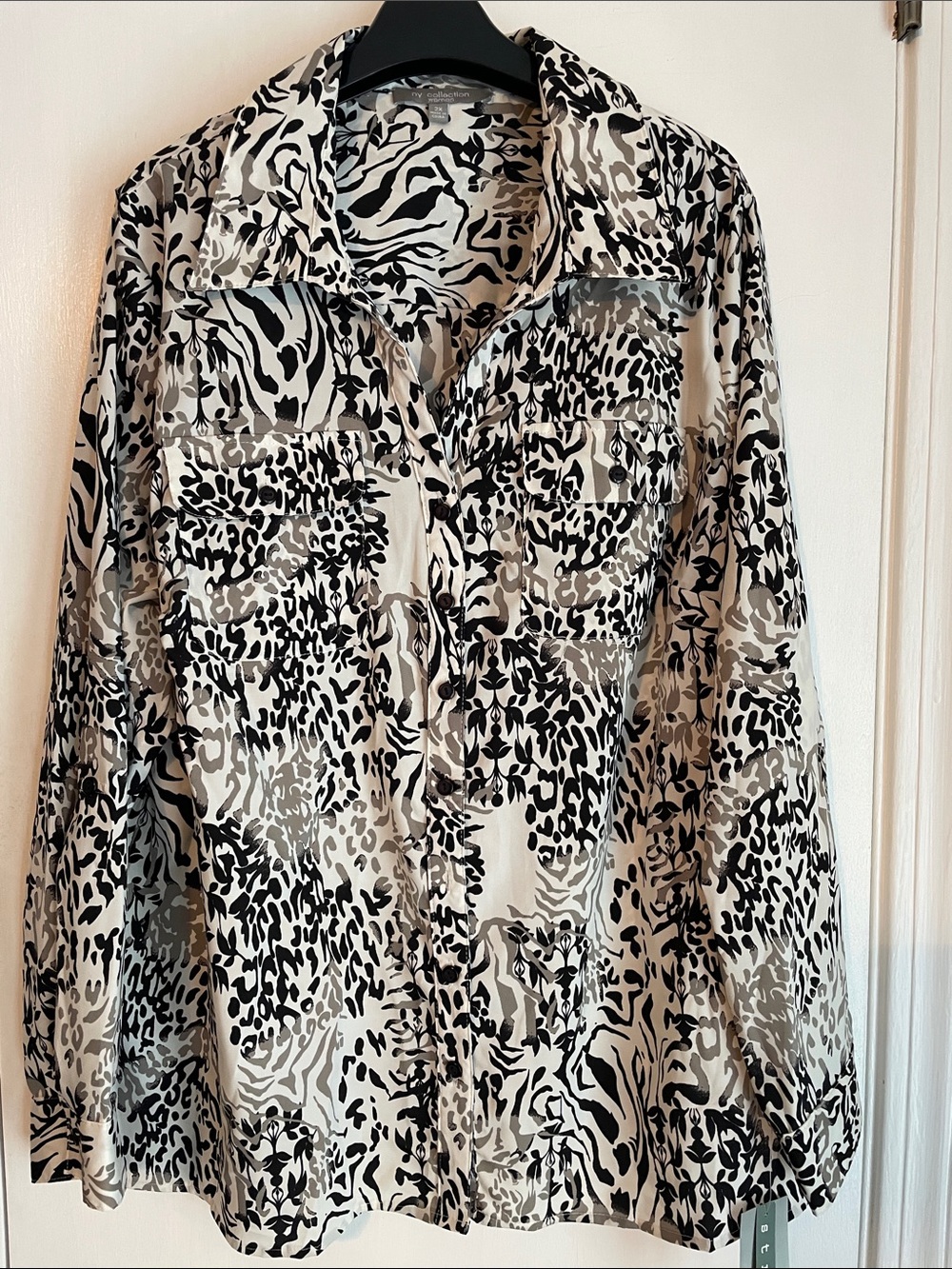 NY Collection Black & White Print Button Down Shirt 2X